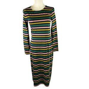 J. Crew Striped Knit Midi Dress Long Sleeve Pink Green Yellow Navy Size 2 New